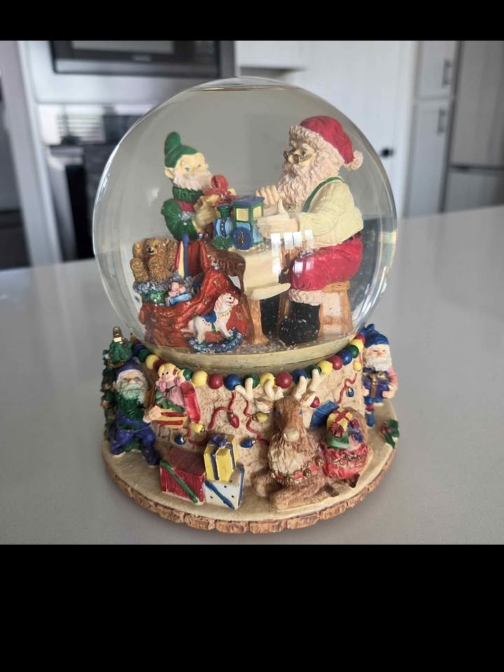 Vintage Holiday Santa & Elves Musical Snow Globe - Red, Green